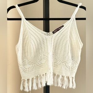 Almost Famous Cream Crochet Fringe Crop Top
